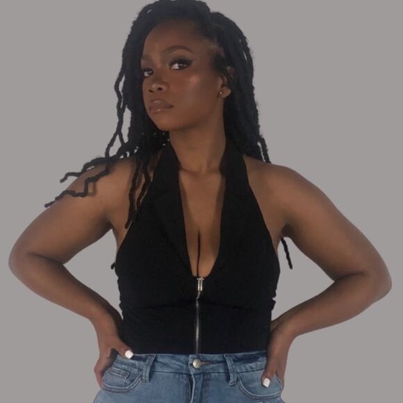 NWT Tea N Cup Bodysuit Womens L Black Halter Sleeveless Zip Front Sexy Clubwear - Picture 2 of 8